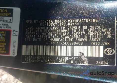 2014 Toyota Camry Se из США, поврежденный, VIN 4T1BF1FK5EU399408